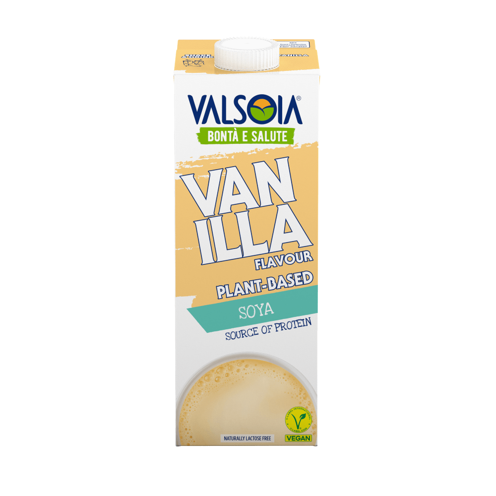 Valsoia plant-based vanilla-flavored drink packaging, a vegan alternative milk with a hint of vanilla.